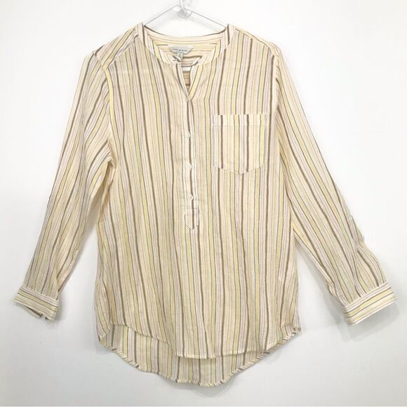 Lucky Brand Cream Brown Pinstripe Cotton Half Button Roll Sleeve Tunic Blouse - Picture 2 of 14